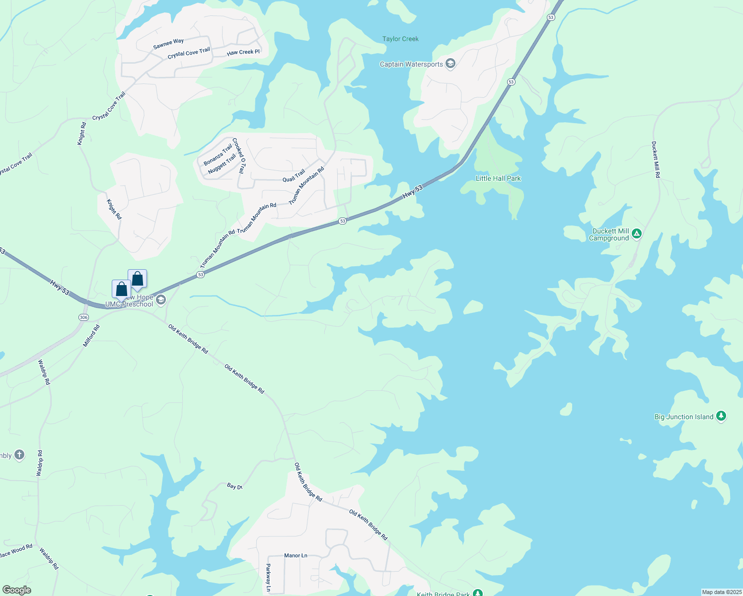 map of restaurants, bars, coffee shops, grocery stores, and more near 5105 Chestatee Heights Road in Gainesville
