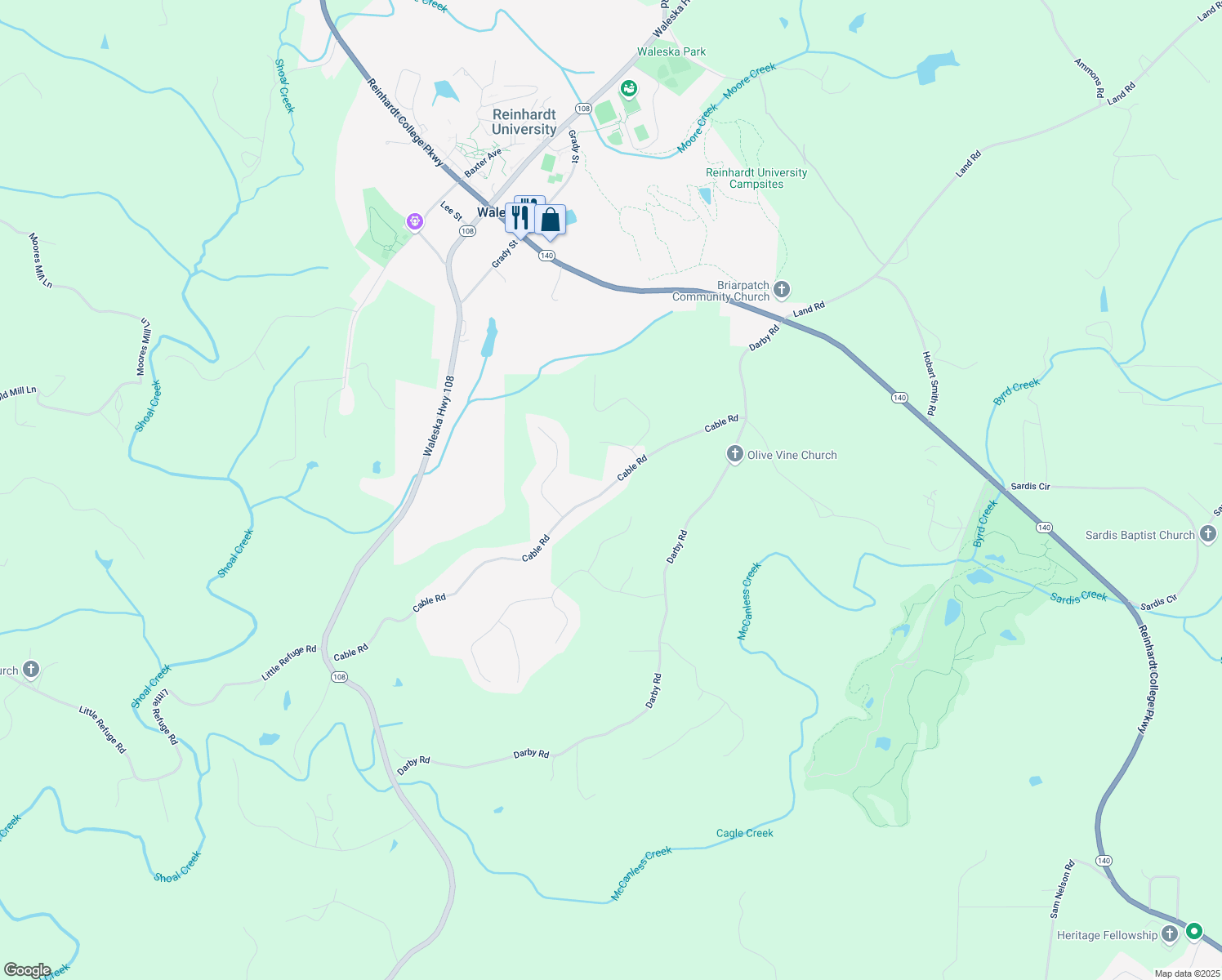 map of restaurants, bars, coffee shops, grocery stores, and more near 1006 Cable Road in Waleska