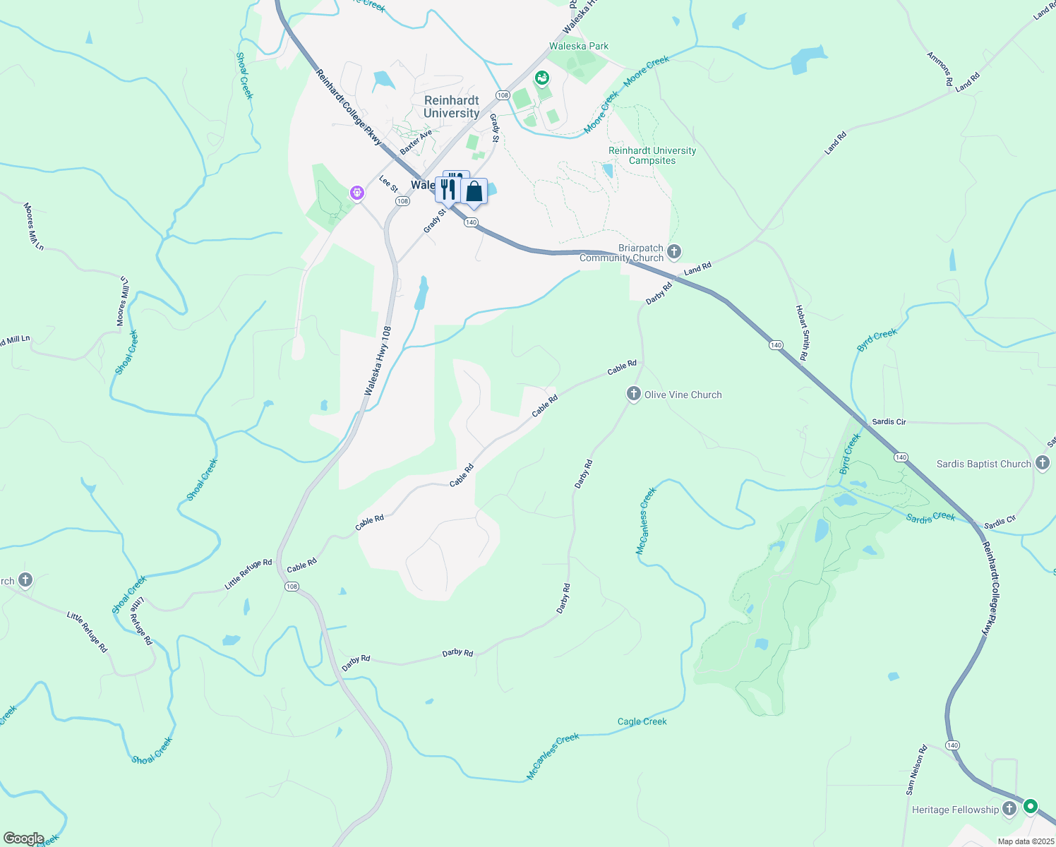 map of restaurants, bars, coffee shops, grocery stores, and more near 1013 Cable Road in Waleska