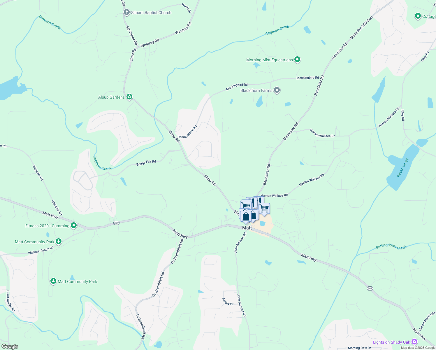 map of restaurants, bars, coffee shops, grocery stores, and more near 5702 Elmo Road in Cumming