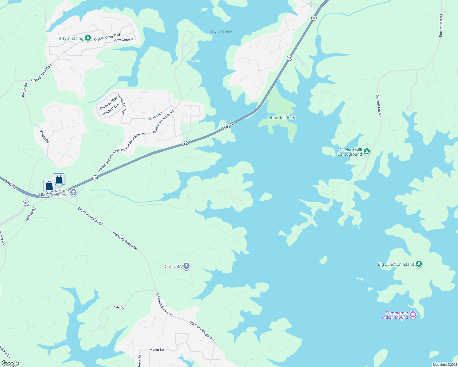 map of restaurants, bars, coffee shops, grocery stores, and more near 5425 Honeysuckle Trail in Gainesville