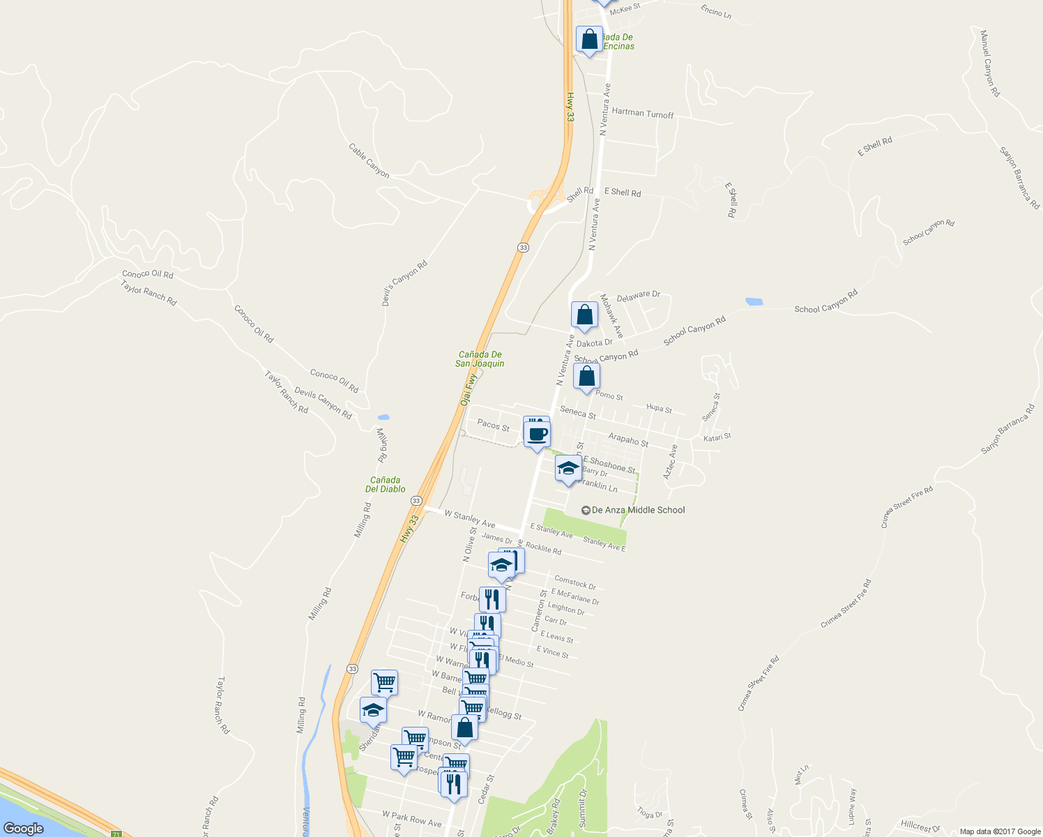 map of restaurants, bars, coffee shops, grocery stores, and more near 2410 Kipana Avenue in Ventura