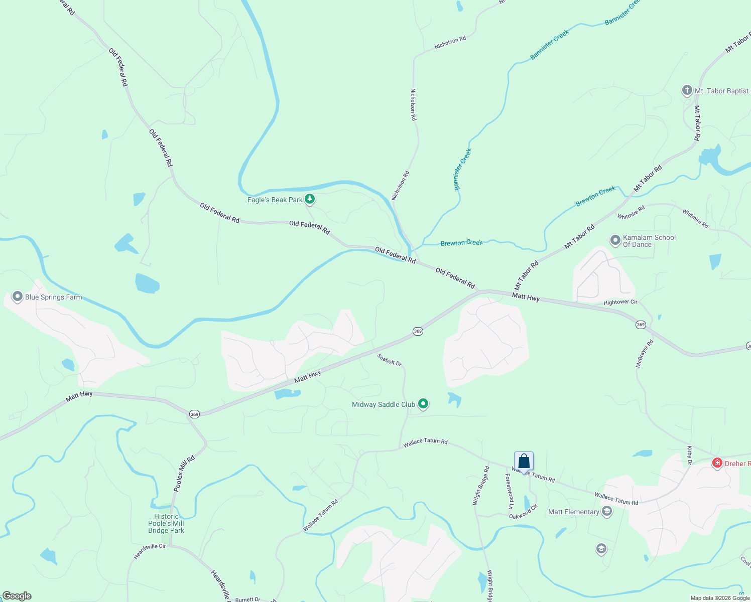 map of restaurants, bars, coffee shops, grocery stores, and more near Matt Highway in Ball Ground