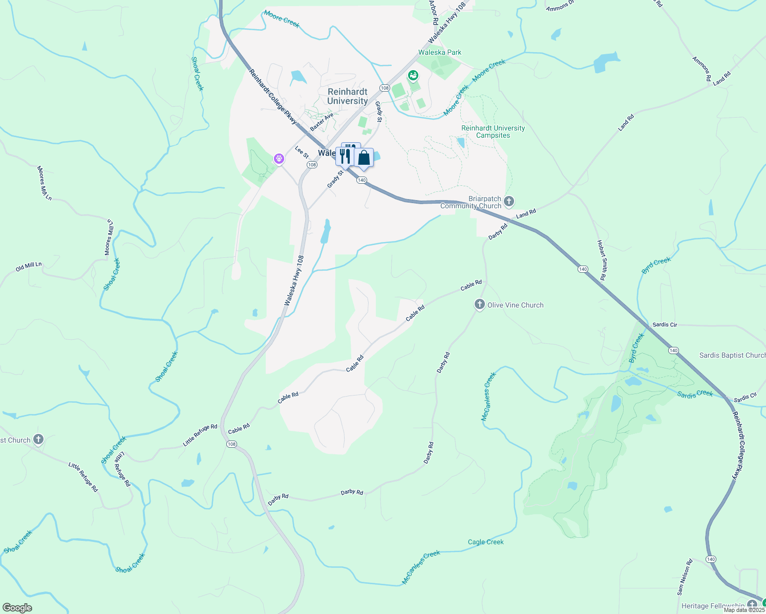 map of restaurants, bars, coffee shops, grocery stores, and more near 1743 Darby Road in Waleska