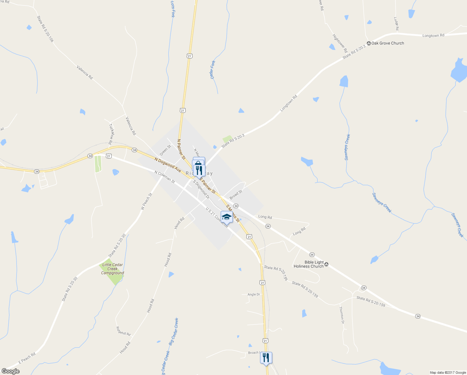 map of restaurants, bars, coffee shops, grocery stores, and more near 275 East Broad Street in Ridgeway