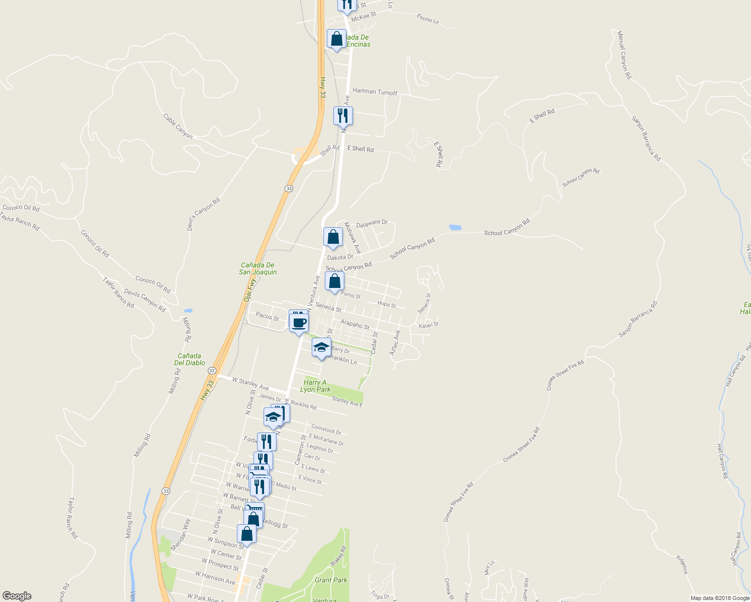 map of restaurants, bars, coffee shops, grocery stores, and more near 397 Hupa Street in Ventura