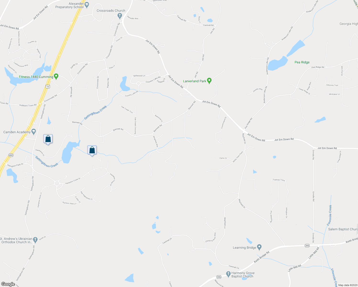 map of restaurants, bars, coffee shops, grocery stores, and more near 7160 Bennett Road in Cumming