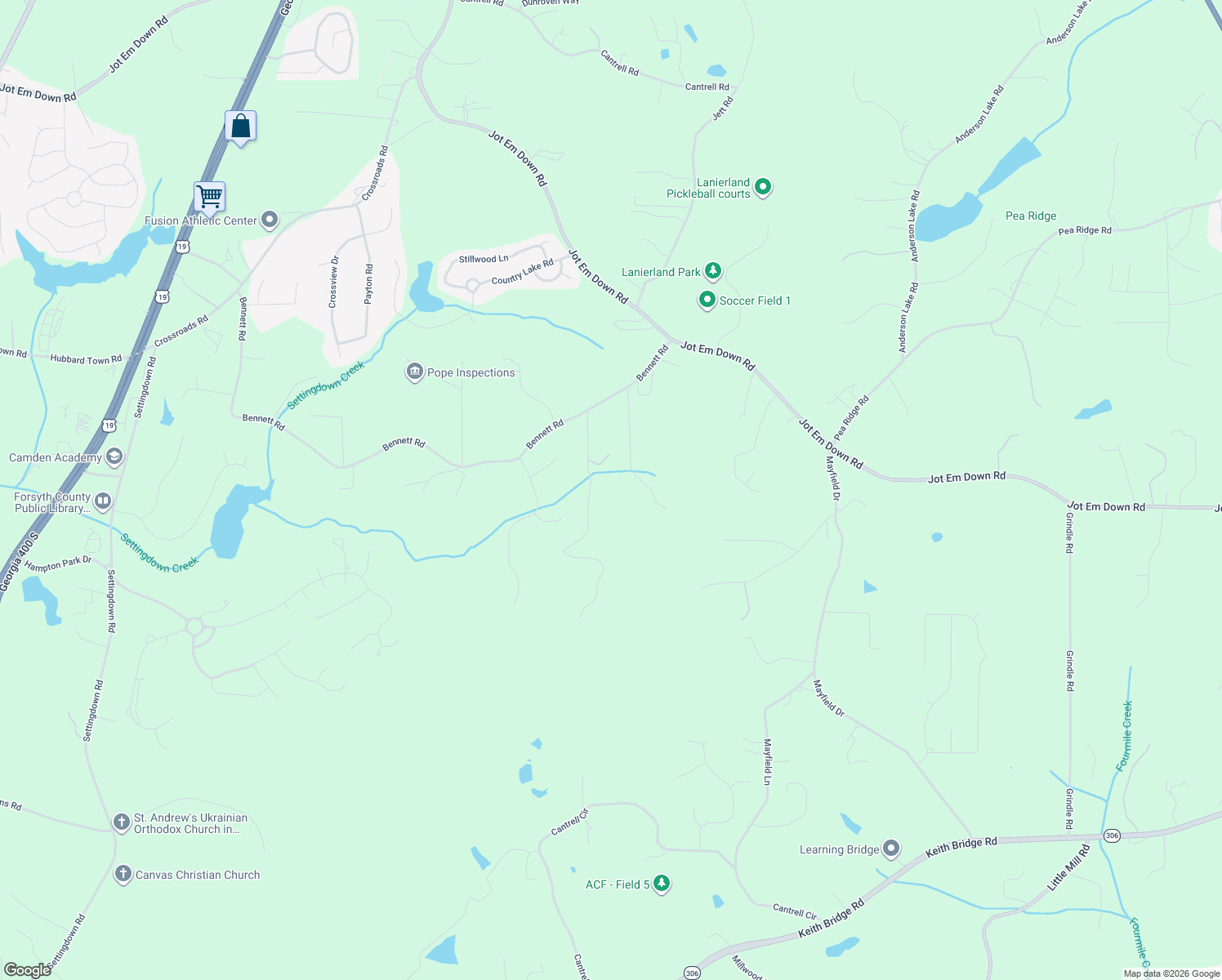 map of restaurants, bars, coffee shops, grocery stores, and more near 7160 Bennett Road in Cumming