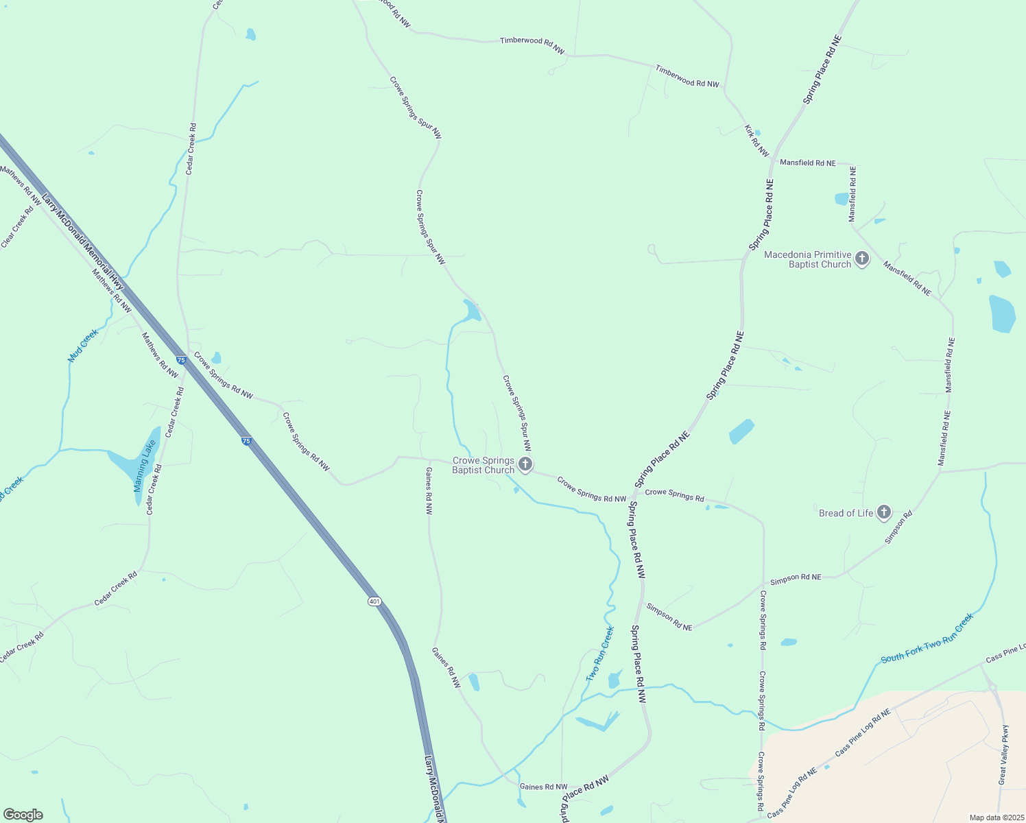 map of restaurants, bars, coffee shops, grocery stores, and more near 27 Crowe Springs Spur Northwest in Cartersville