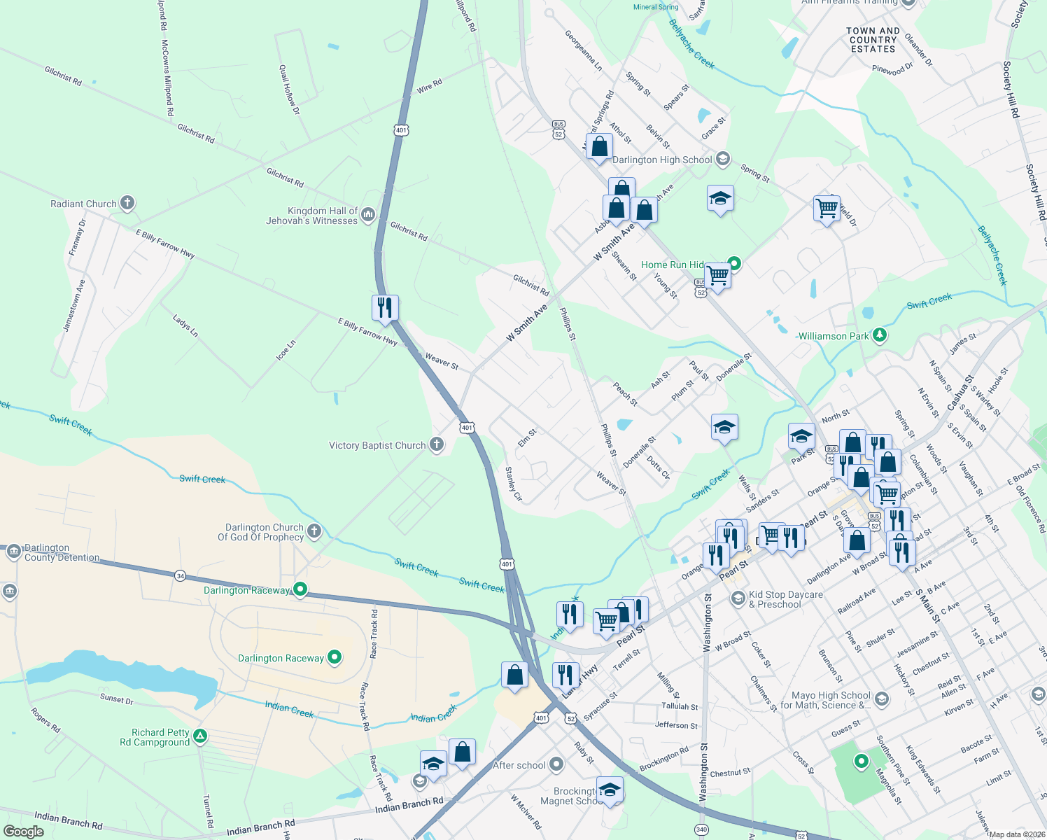 map of restaurants, bars, coffee shops, grocery stores, and more near 621 Weaver Street in Darlington