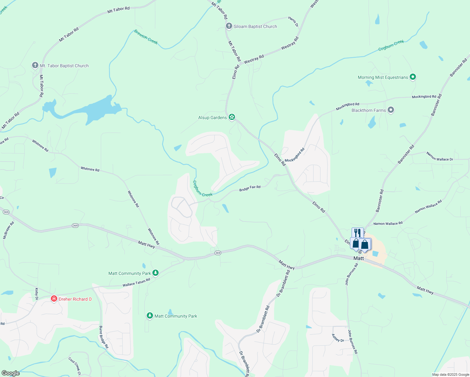 map of restaurants, bars, coffee shops, grocery stores, and more near 6150 Bridge Fair Road in Cumming