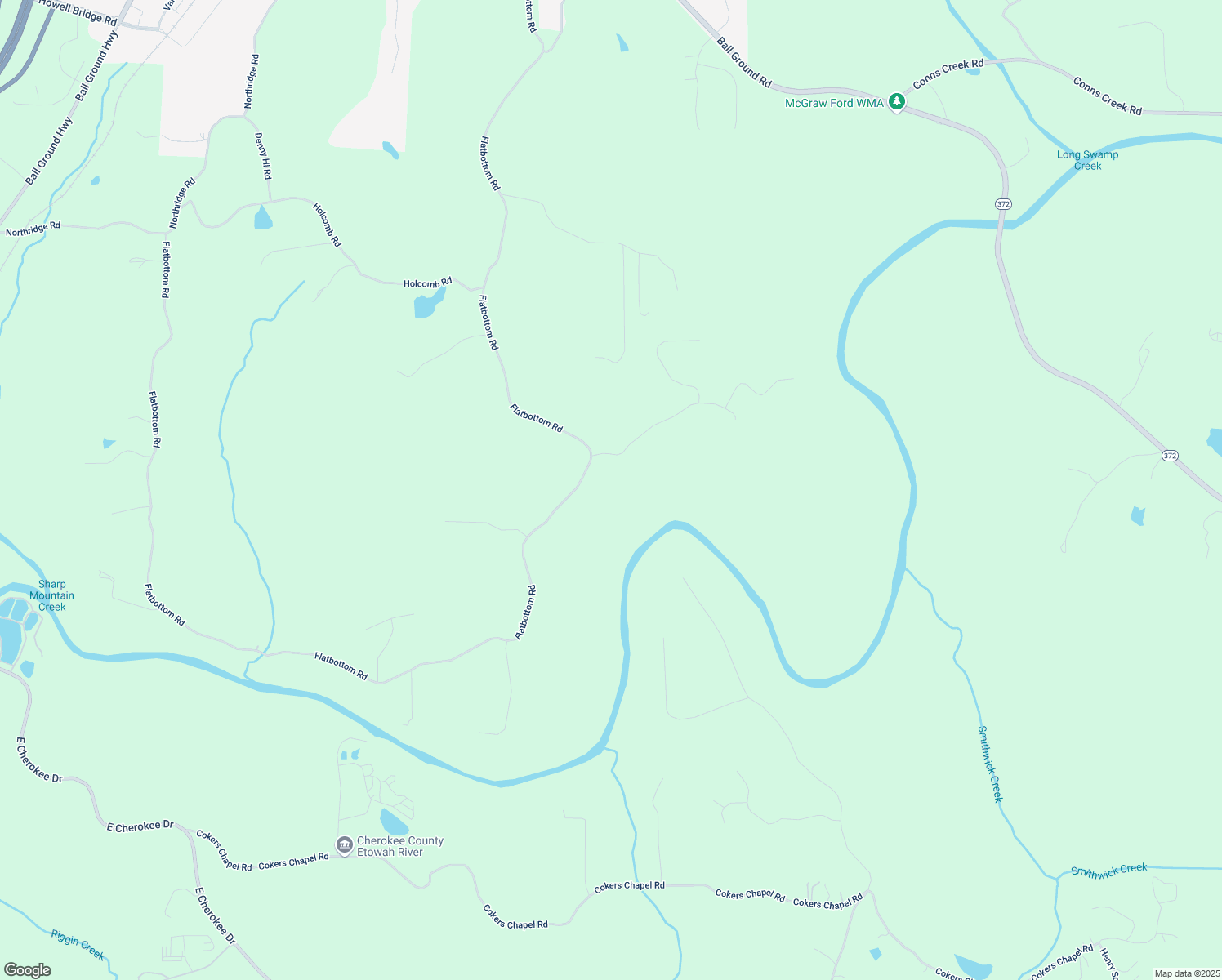 map of restaurants, bars, coffee shops, grocery stores, and more near Flatbottom Road in Ball Ground