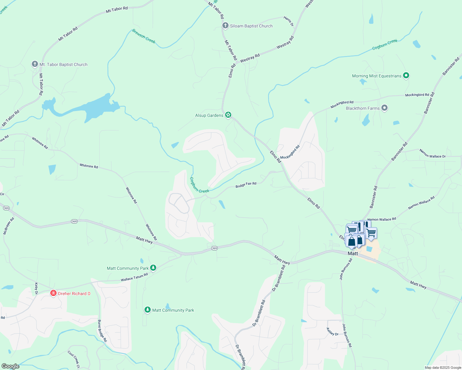 map of restaurants, bars, coffee shops, grocery stores, and more near 6150 Bridge Fair Road in Cumming