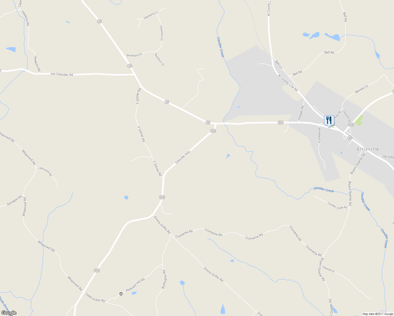 map of restaurants, bars, coffee shops, grocery stores, and more near 5008 Gillsville Highway in Gillsville