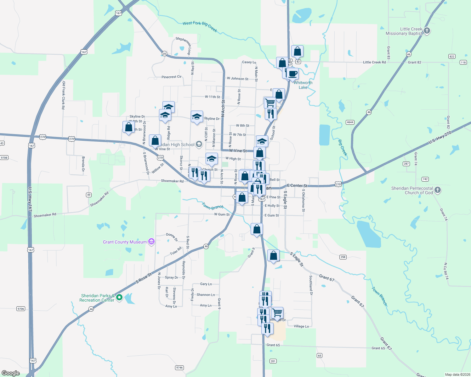 map of restaurants, bars, coffee shops, grocery stores, and more near 111 South Rose Street in Sheridan