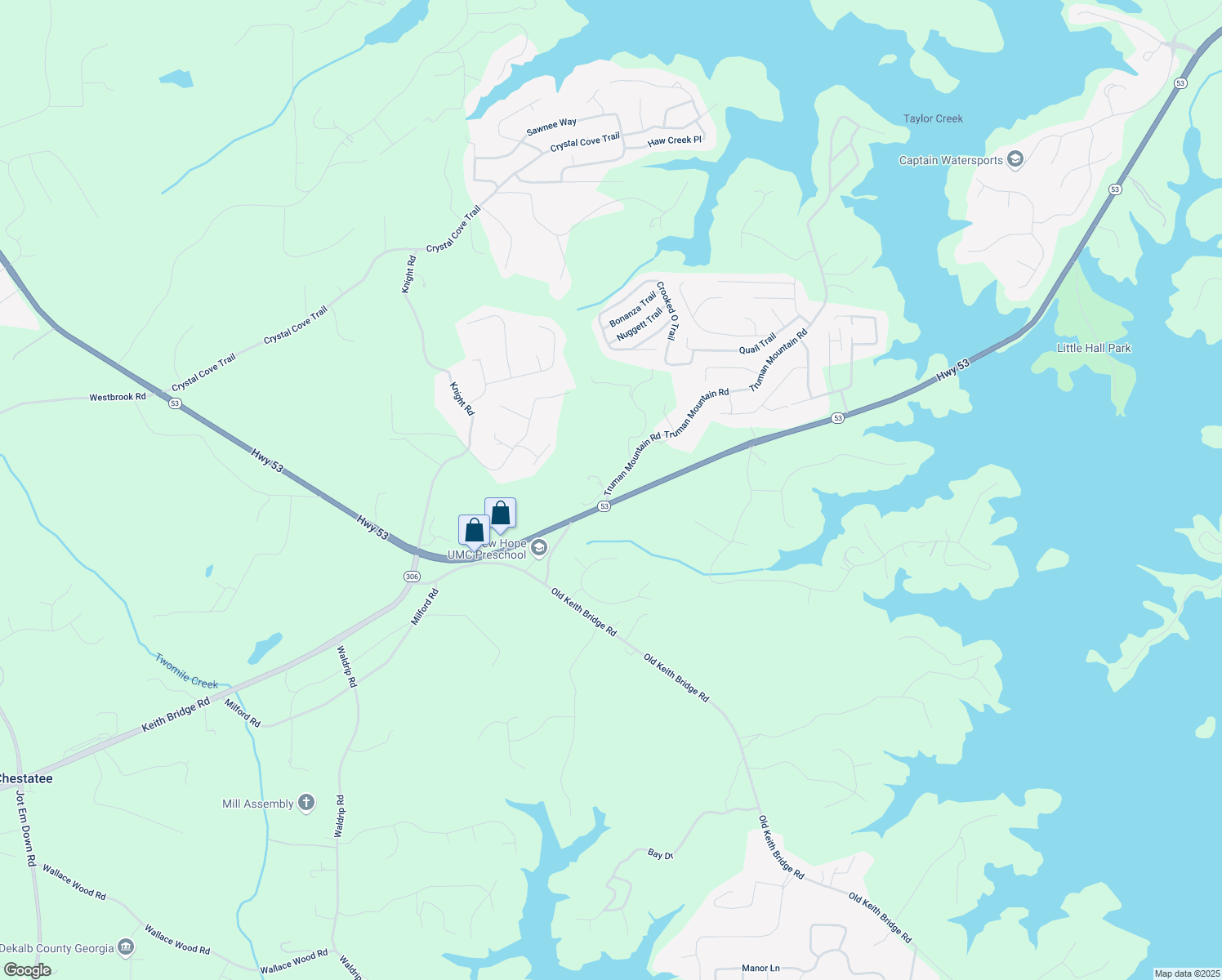 map of restaurants, bars, coffee shops, grocery stores, and more near Truman Mountain Road in Forsyth County