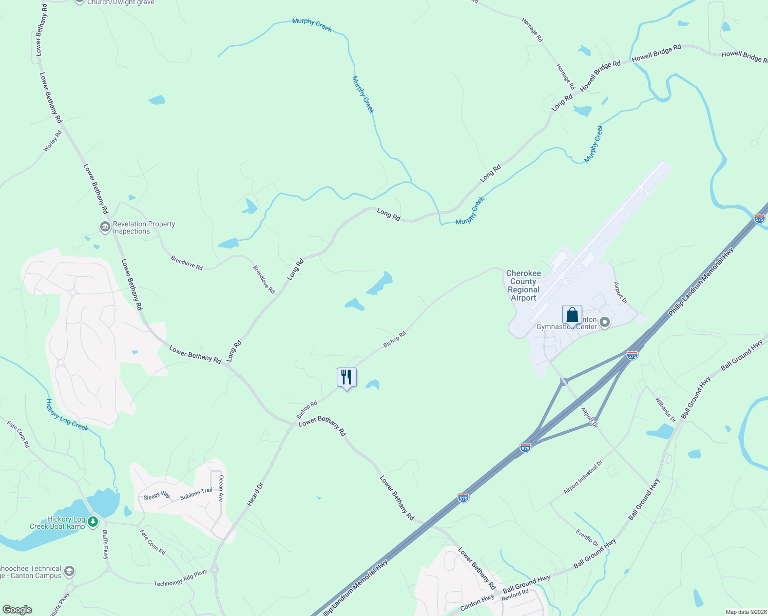 map of restaurants, bars, coffee shops, grocery stores, and more near 102 Bishop Lake Lane in Ball Ground