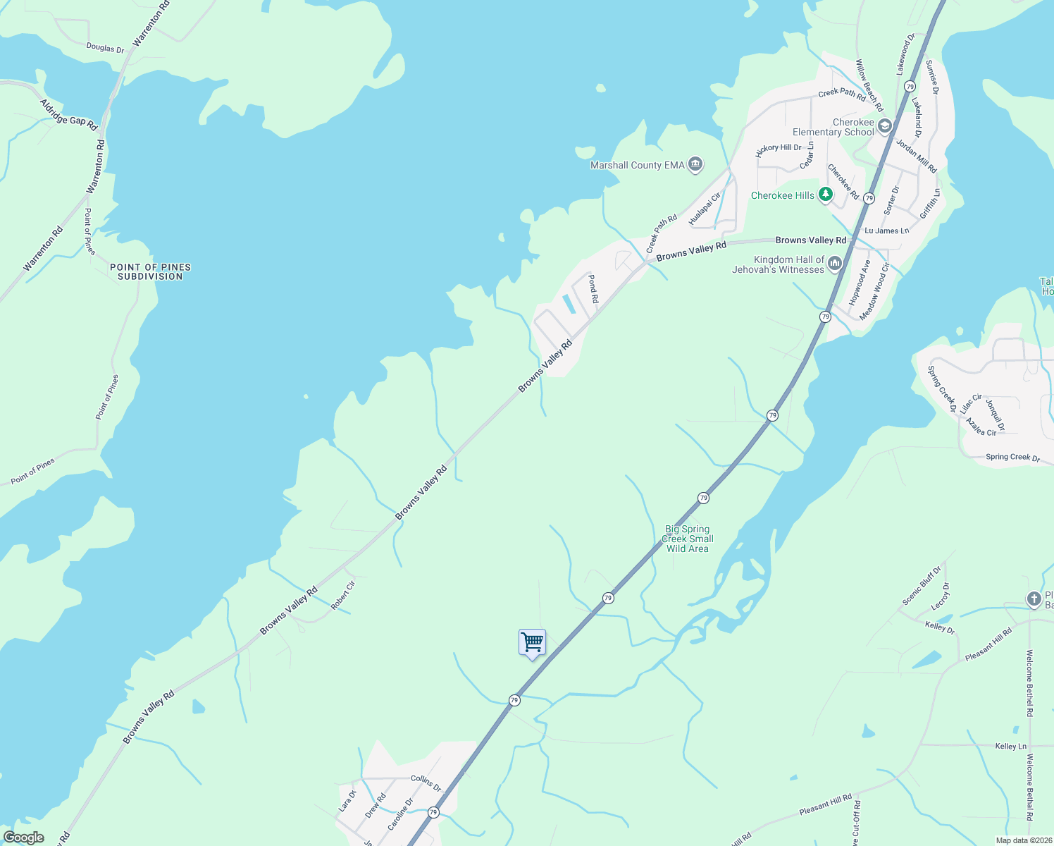 map of restaurants, bars, coffee shops, grocery stores, and more near 4411 Browns Valley Road in Guntersville