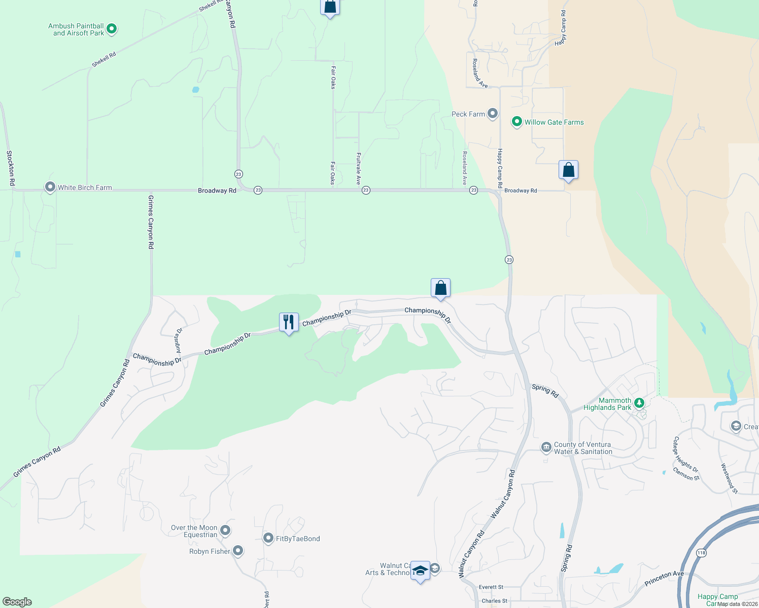 map of restaurants, bars, coffee shops, grocery stores, and more near 12134 Palmer Drive in Moorpark