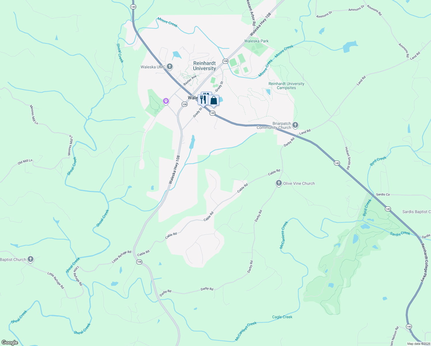 map of restaurants, bars, coffee shops, grocery stores, and more near 218 Paul Cagle Drive in Waleska