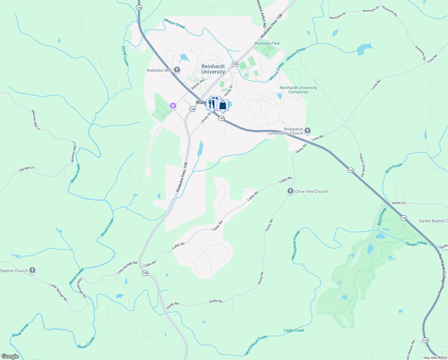 map of restaurants, bars, coffee shops, grocery stores, and more near 218 Paul Cagle Drive in Waleska