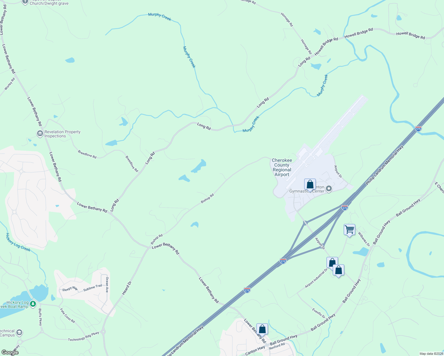 map of restaurants, bars, coffee shops, grocery stores, and more near 987 Bishop Road in Ball Ground