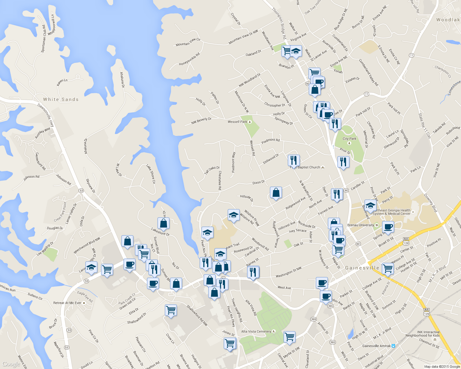 map of restaurants, bars, coffee shops, grocery stores, and more near 830 Dixon Drive in Gainesville