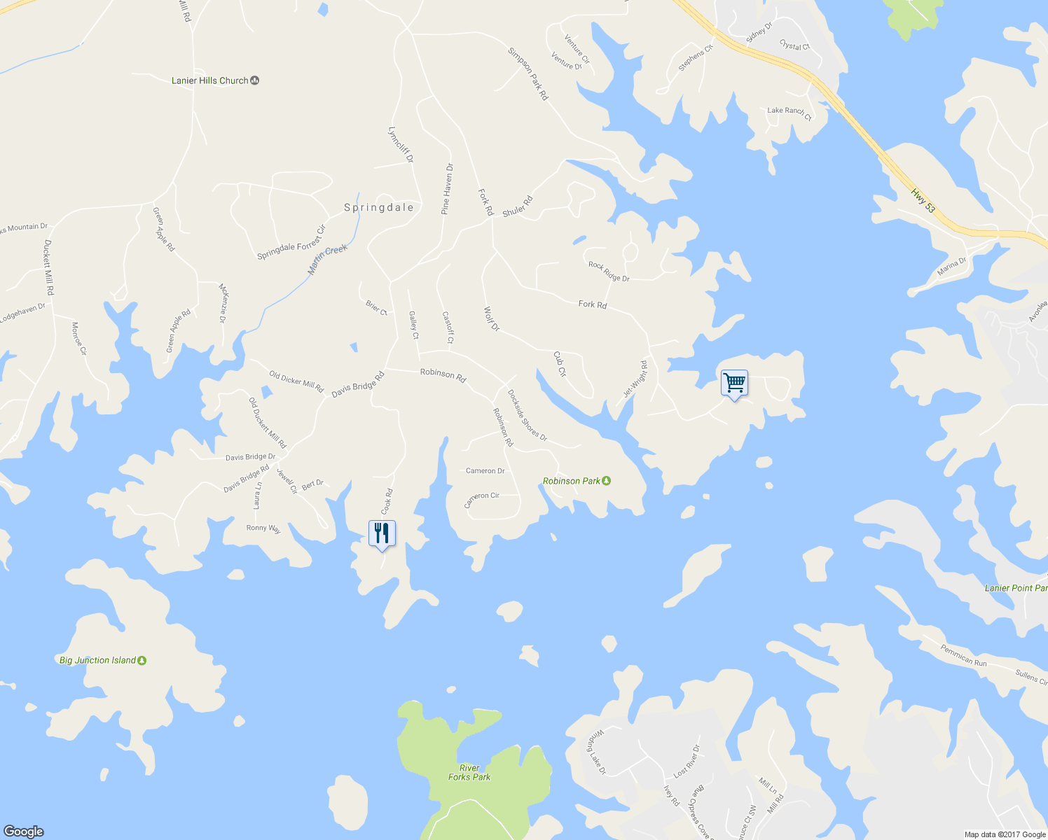 map of restaurants, bars, coffee shops, grocery stores, and more near 3443 Dockside Shores Drive in Gainesville