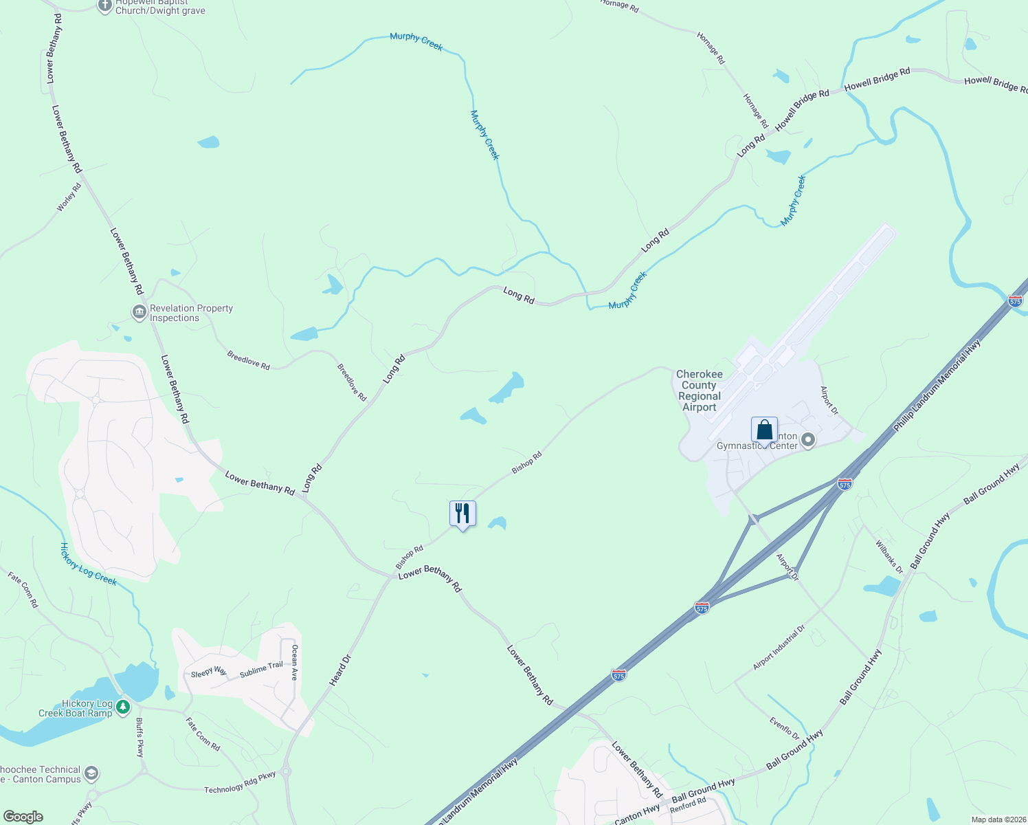 map of restaurants, bars, coffee shops, grocery stores, and more near 102 Bishop Lake Lane in Ball Ground