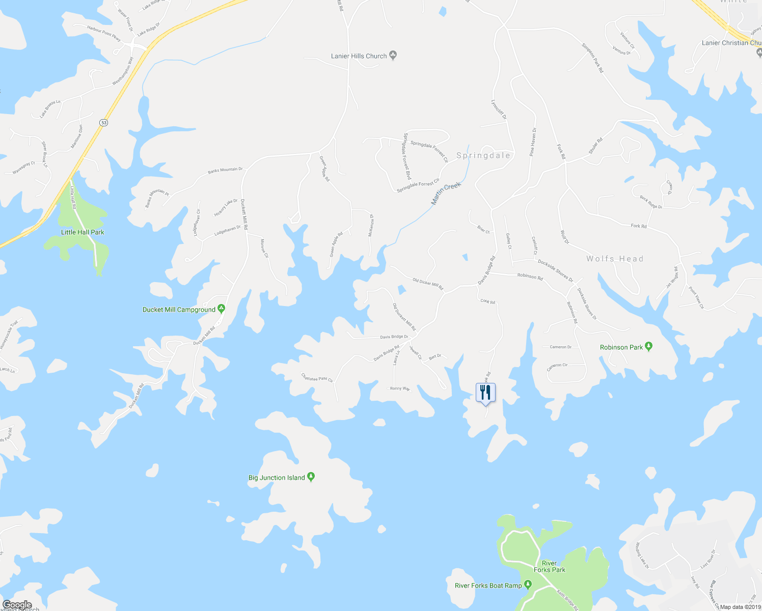 map of restaurants, bars, coffee shops, grocery stores, and more near 3553 Old Duckett Mill Road in Gainesville