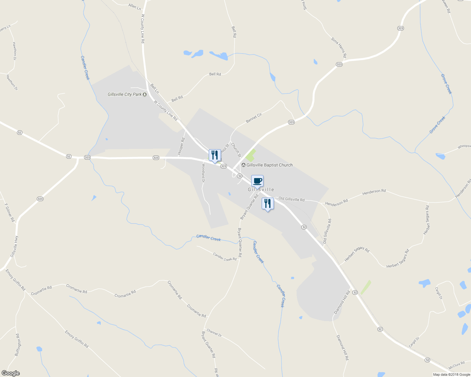 map of restaurants, bars, coffee shops, grocery stores, and more near 6242 Georgia 52 in Gillsville