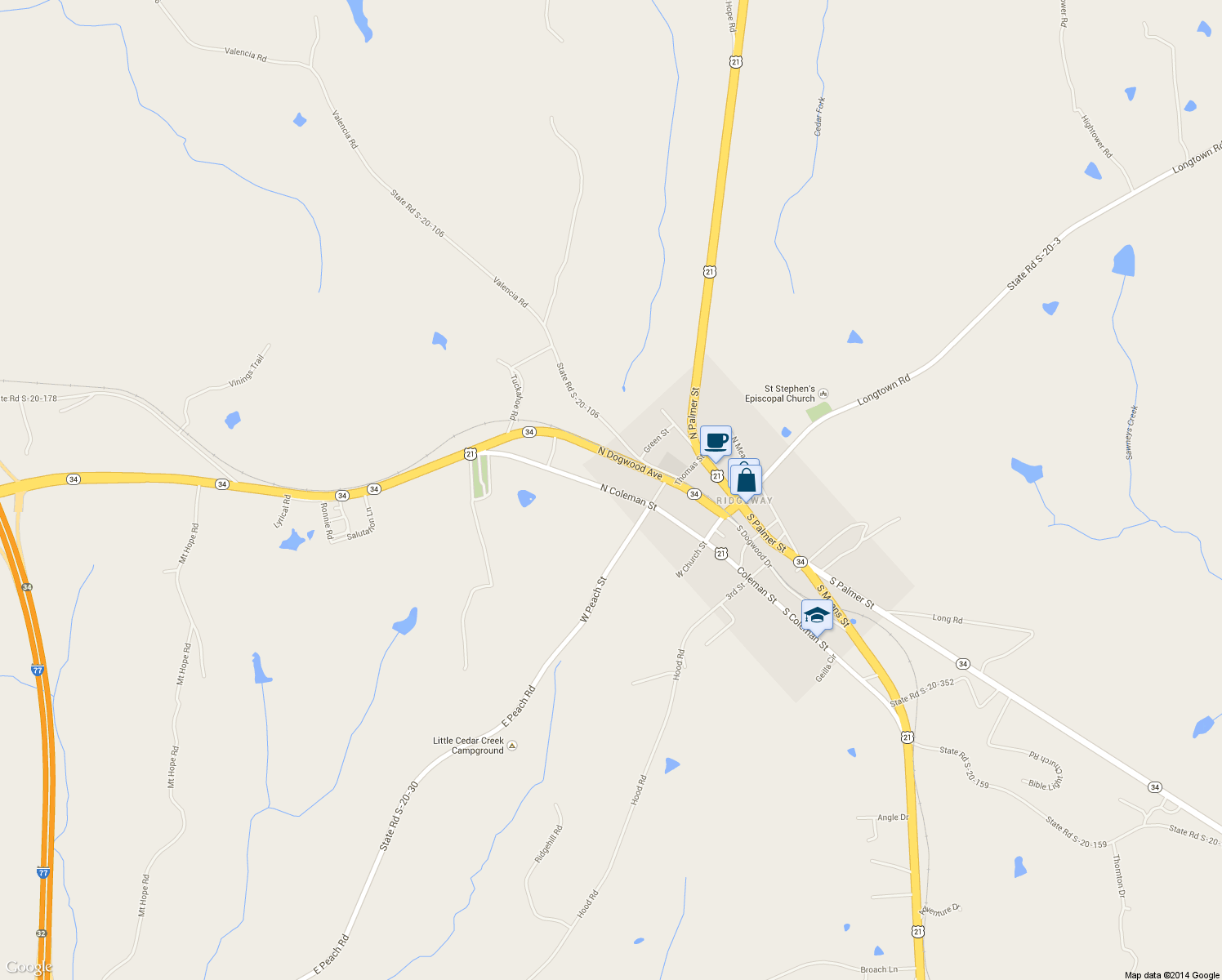 map of restaurants, bars, coffee shops, grocery stores, and more near 525 North Coleman Street in Ridgeway