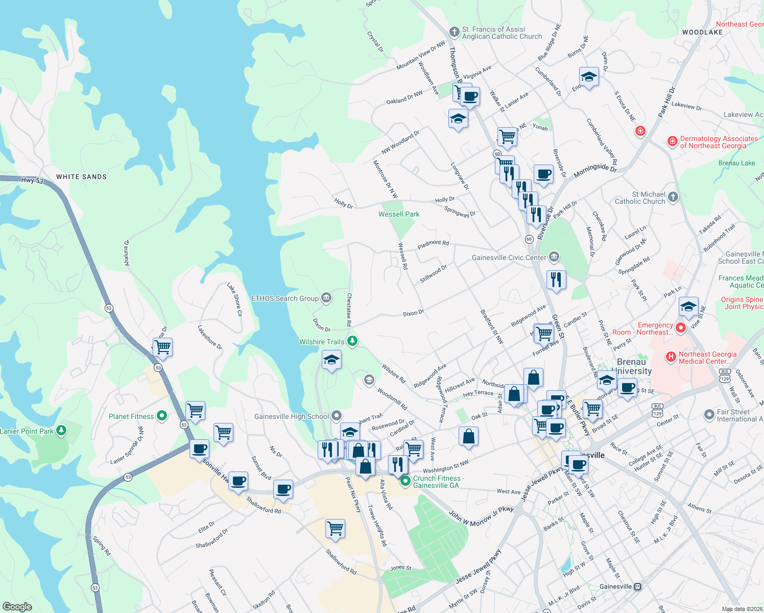 map of restaurants, bars, coffee shops, grocery stores, and more near 770 Dixon Drive in Gainesville
