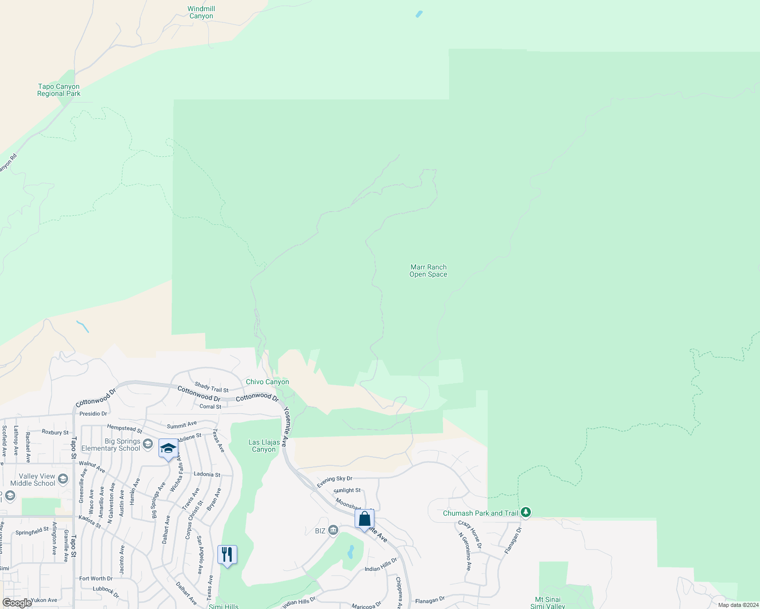 map of restaurants, bars, coffee shops, grocery stores, and more near Marr Ranch Road in Simi Valley