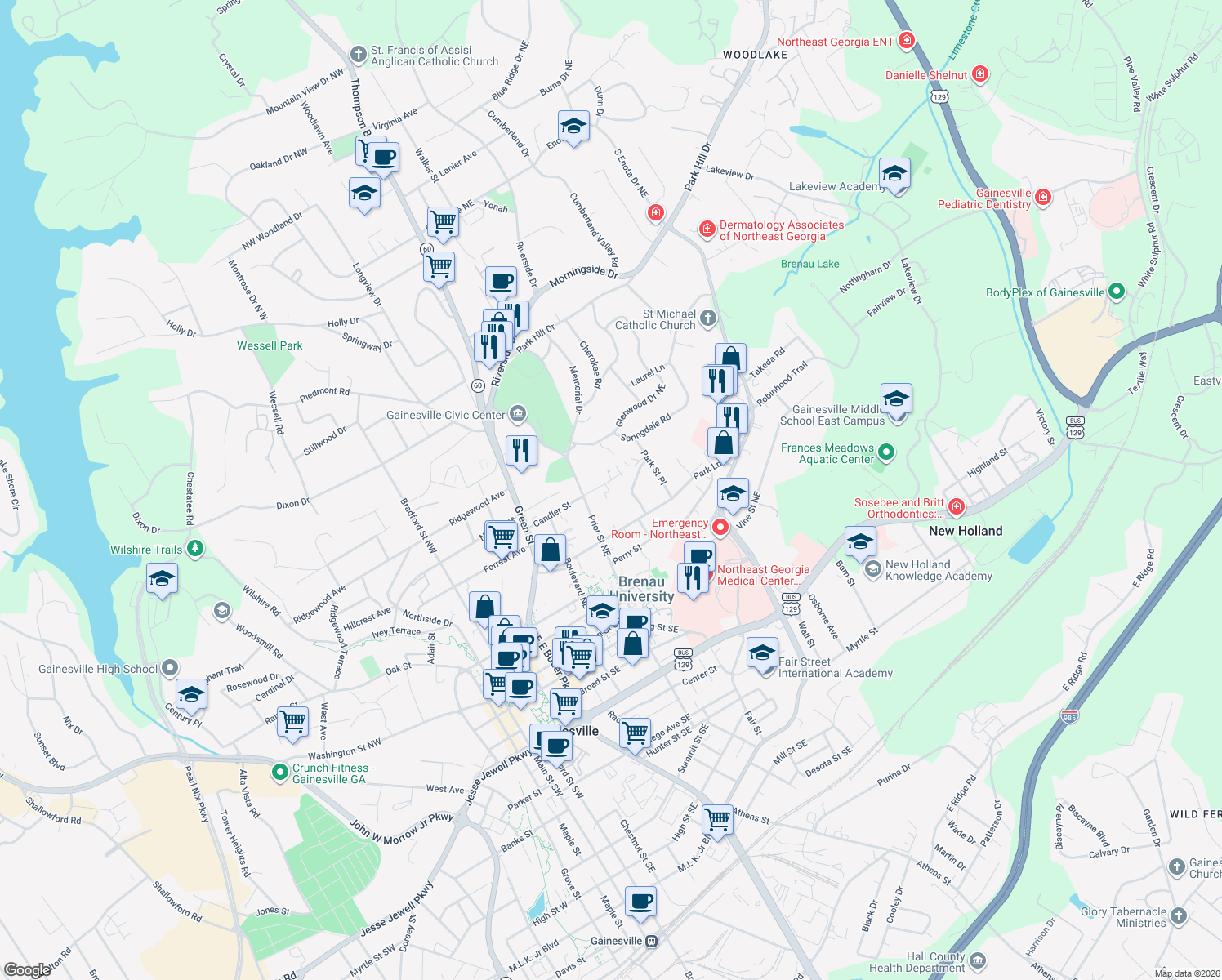 map of restaurants, bars, coffee shops, grocery stores, and more near 810 Candler Street in Gainesville