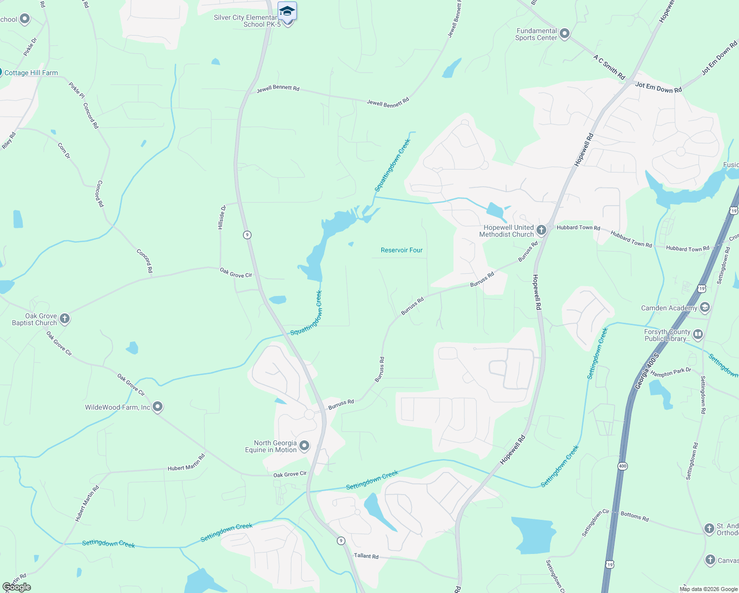 map of restaurants, bars, coffee shops, grocery stores, and more near 5215 Burruss Rd in Cumming