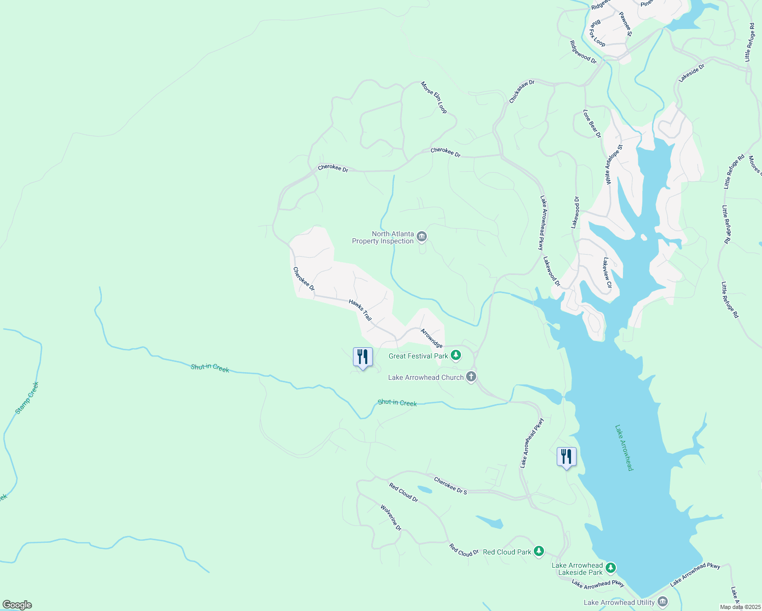 map of restaurants, bars, coffee shops, grocery stores, and more near 308 Feather Perch in Waleska
