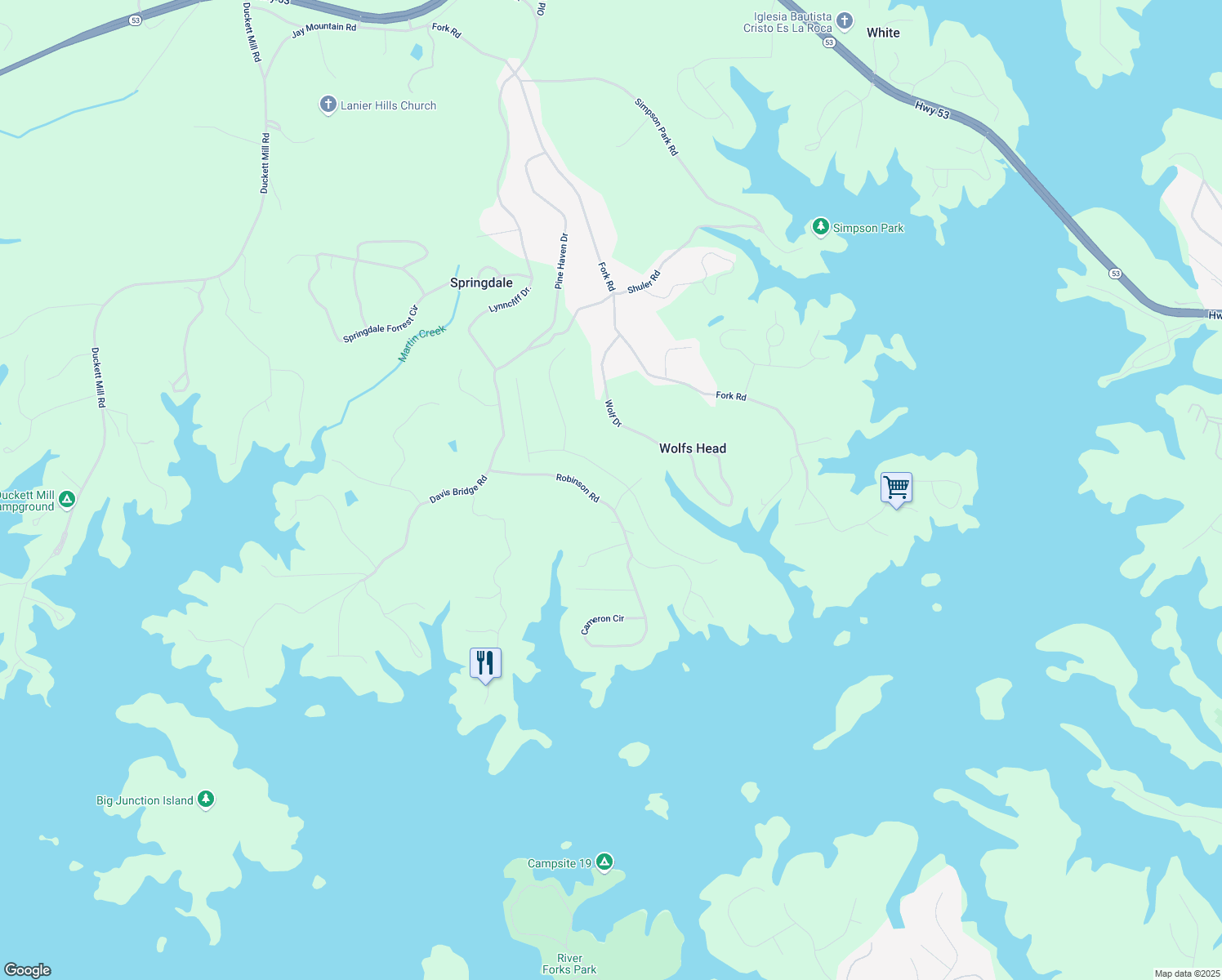 map of restaurants, bars, coffee shops, grocery stores, and more near 3511 Dockside Shores Drive in Gainesville