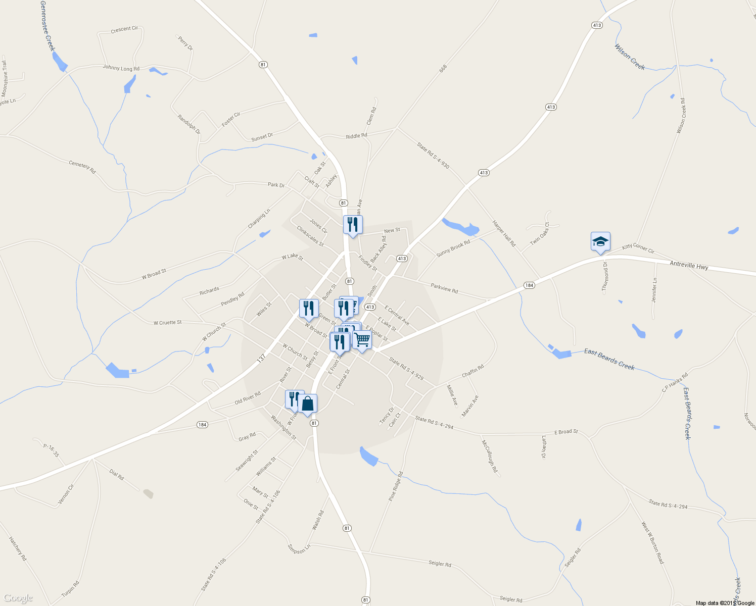 map of restaurants, bars, coffee shops, grocery stores, and more near 23 East Central Avenue in Iva