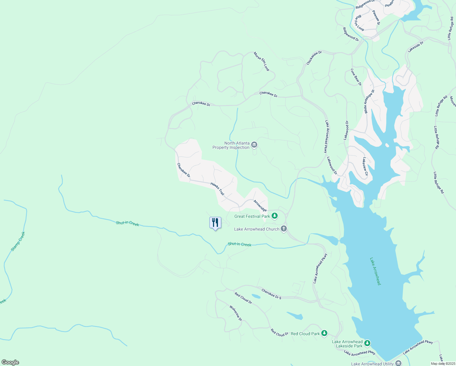 map of restaurants, bars, coffee shops, grocery stores, and more near 308 Feather Perch in Waleska