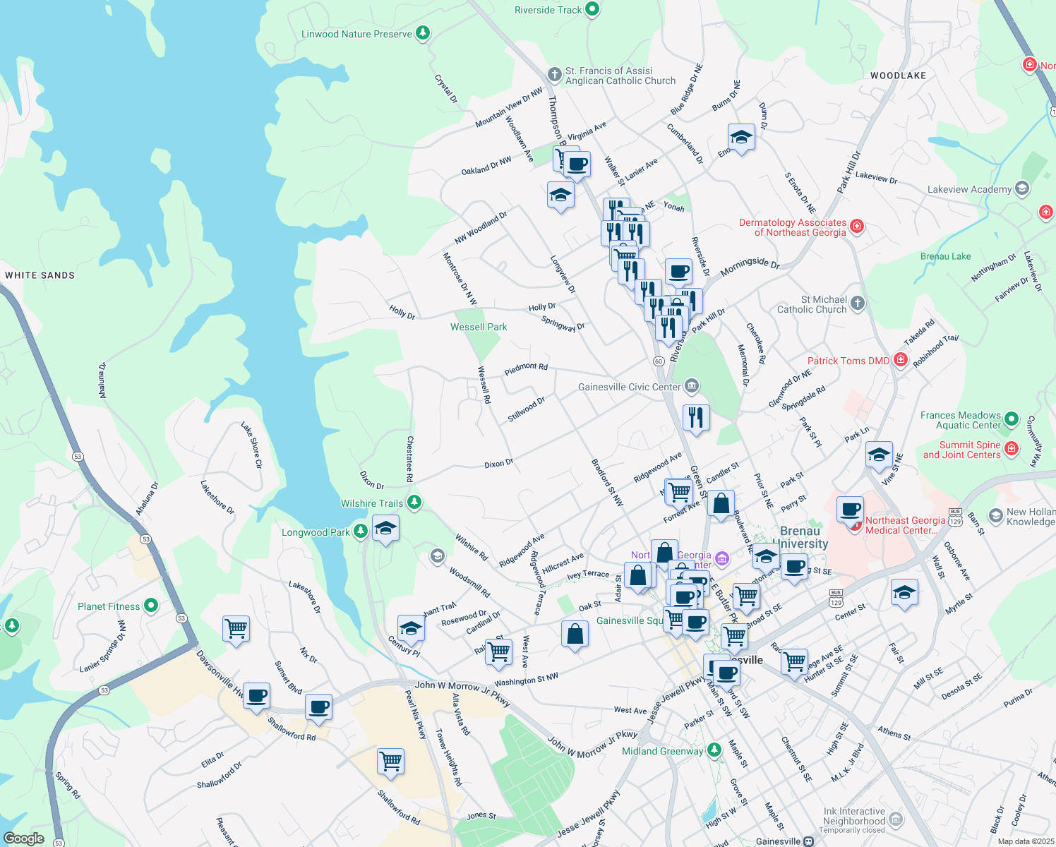 map of restaurants, bars, coffee shops, grocery stores, and more near 537 Stillwood Dr in Gainesville