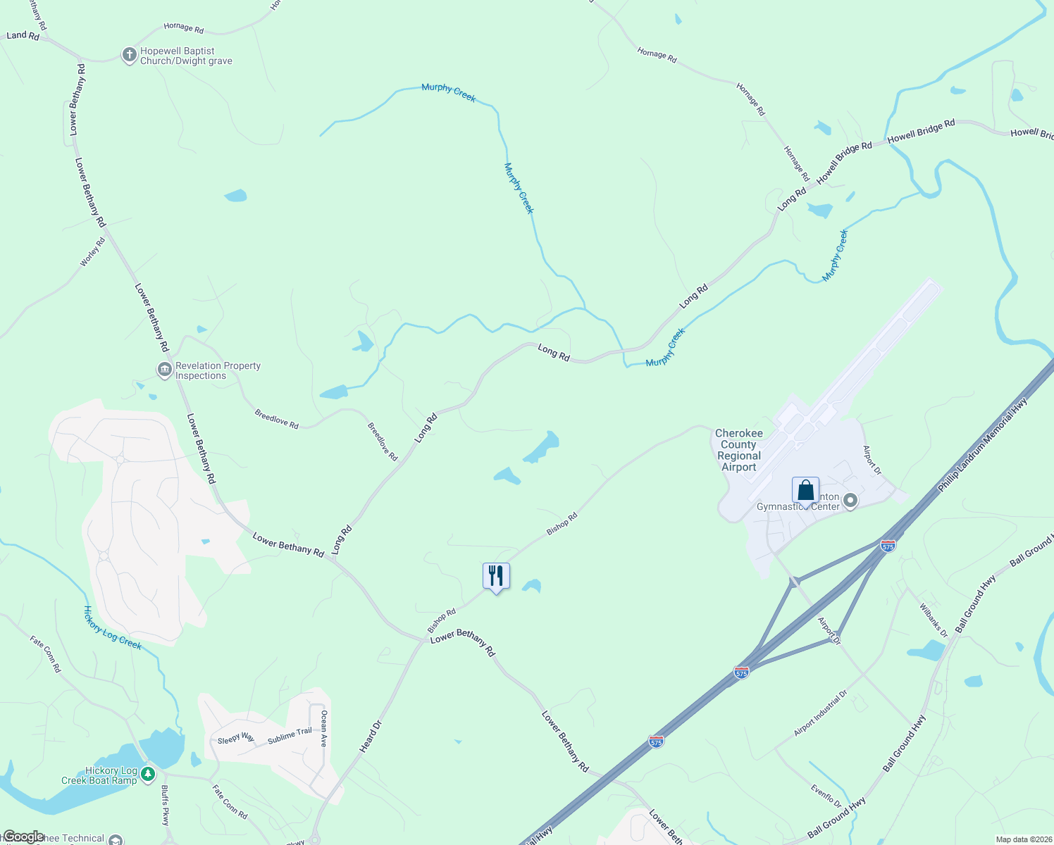 map of restaurants, bars, coffee shops, grocery stores, and more near 111 Bridlewood Pass in Ball Ground