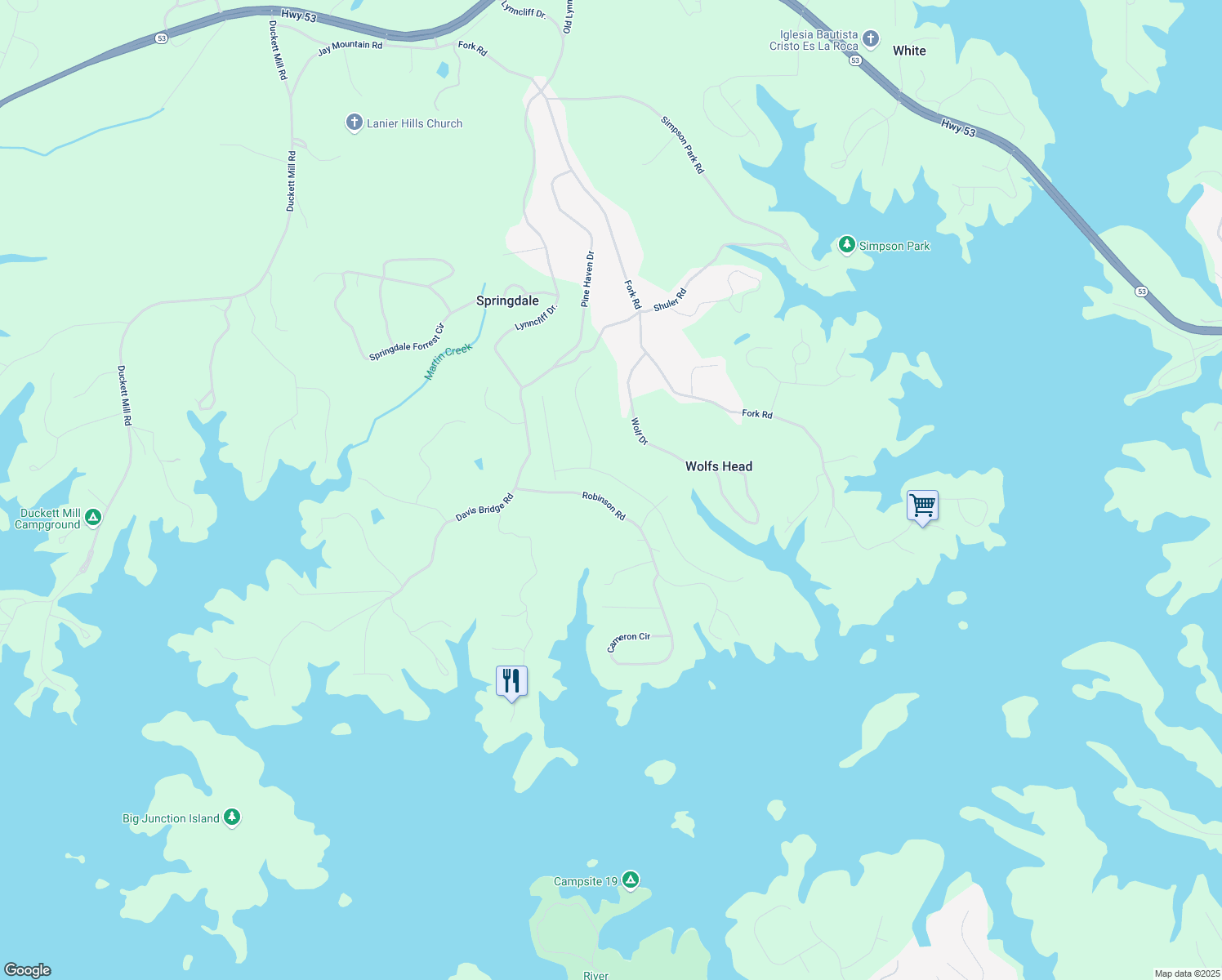 map of restaurants, bars, coffee shops, grocery stores, and more near 3531 Dockside Shores Drive in Gainesville