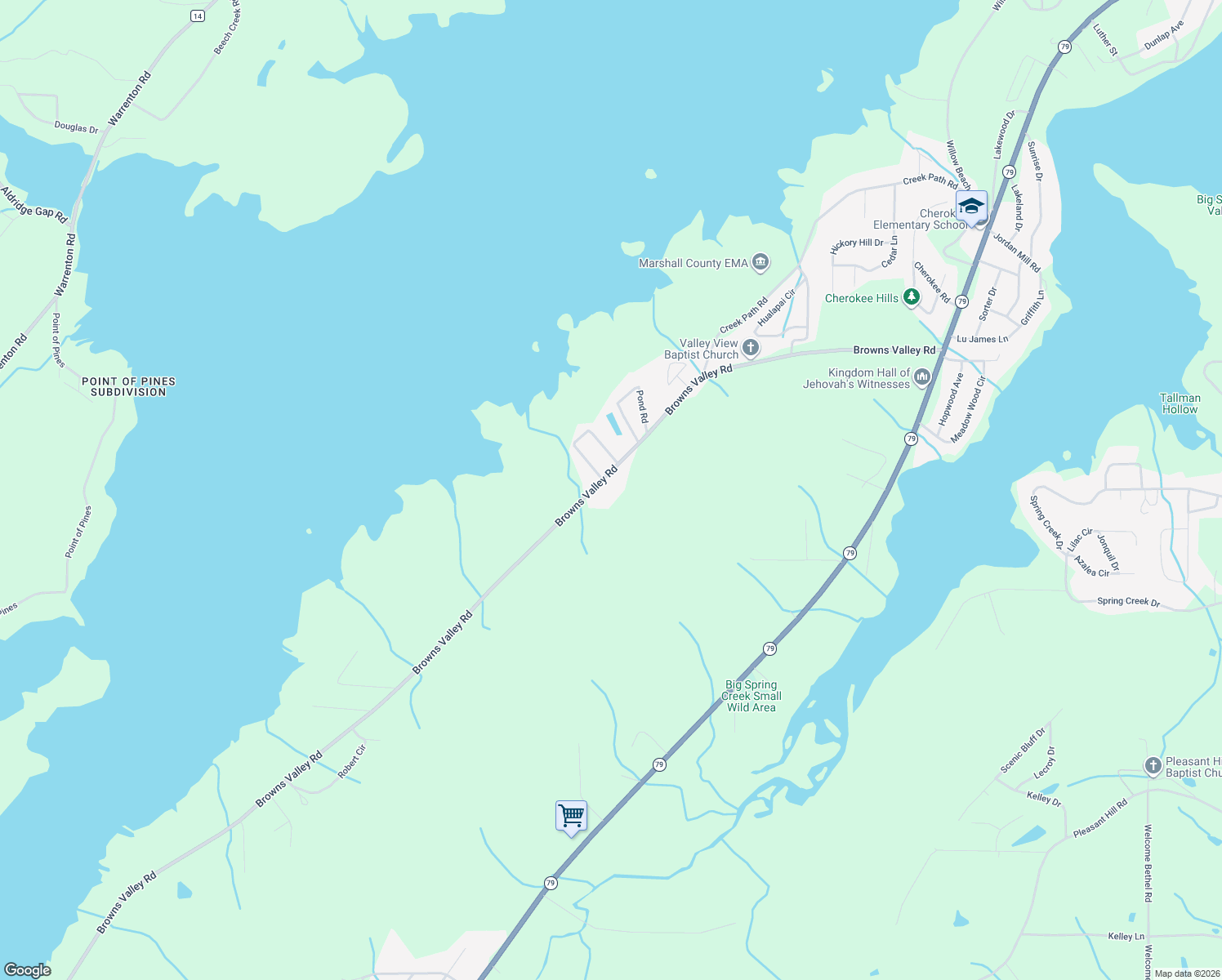 map of restaurants, bars, coffee shops, grocery stores, and more near 4025 Browns Valley Road in Guntersville
