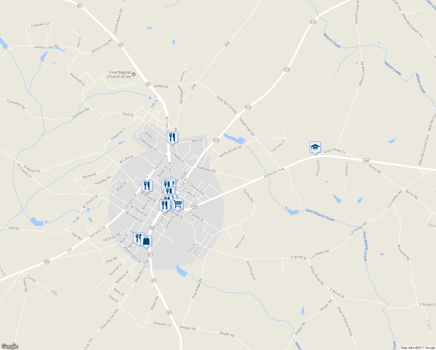 map of restaurants, bars, coffee shops, grocery stores, and more near 118 Parkview Road in Iva