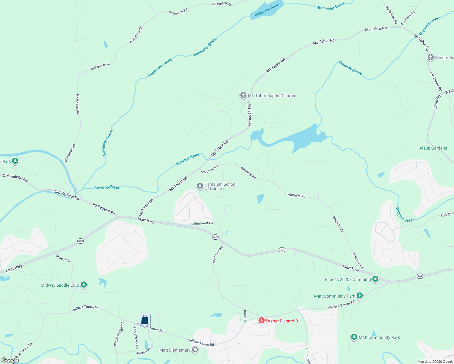 map of restaurants, bars, coffee shops, grocery stores, and more near 7615 Whitmire Road in Cumming