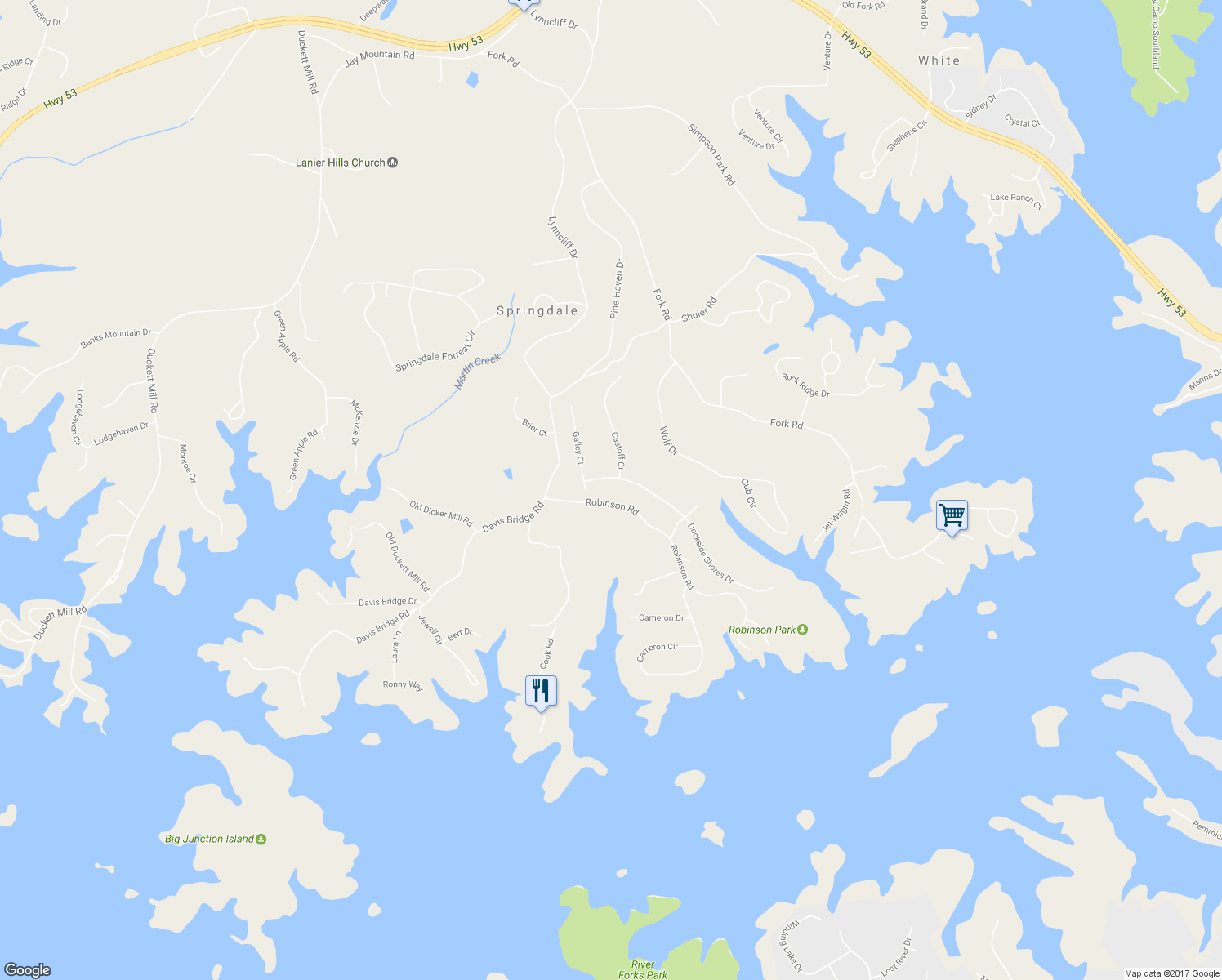 map of restaurants, bars, coffee shops, grocery stores, and more near 3551 Dockside Shores Drive in Gainesville