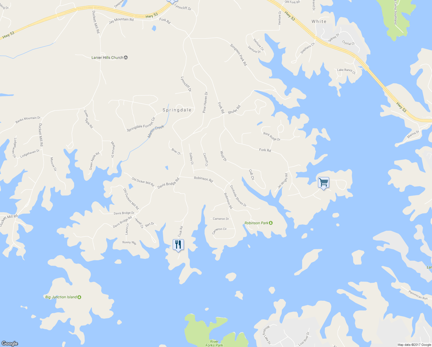 map of restaurants, bars, coffee shops, grocery stores, and more near 3550 Dockside Shores Drive in Gainesville