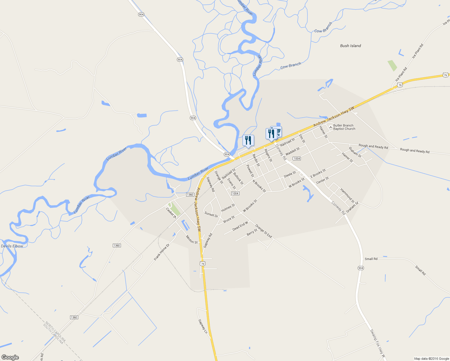 map of restaurants, bars, coffee shops, grocery stores, and more near 909 Railroad St in Fair Bluff