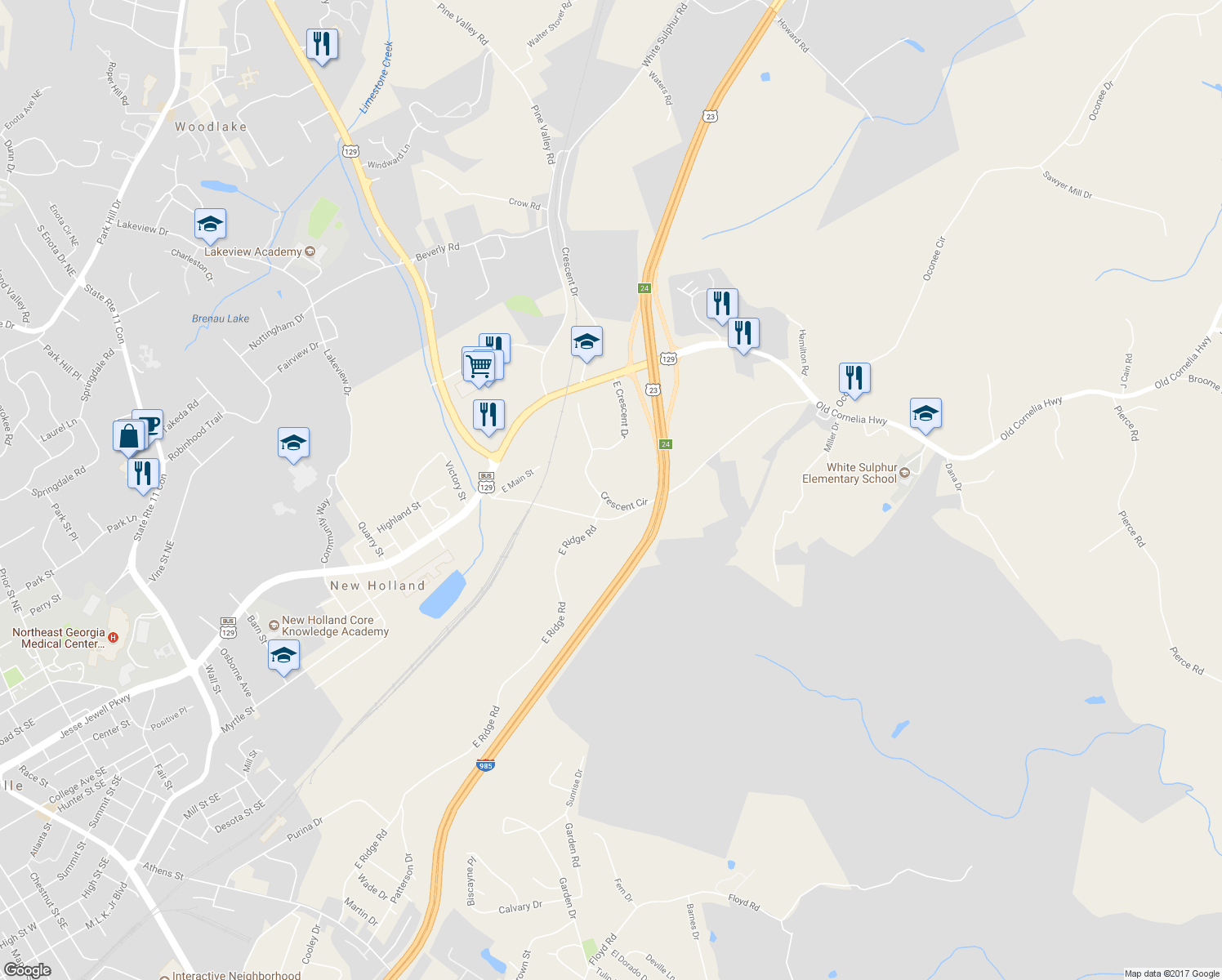 map of restaurants, bars, coffee shops, grocery stores, and more near 190 Crescent Circle in Gainesville